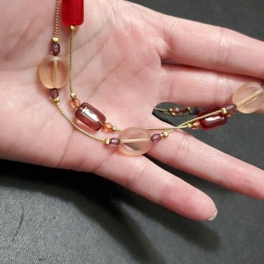 Gold Tone Double Strand Necklace 16-19" Layered Pink Red Purple Glass Station